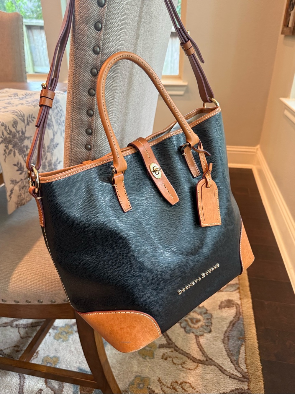 Dooney & Bourke Black with Tan Trim Pebbled Leather Shoulder Tote